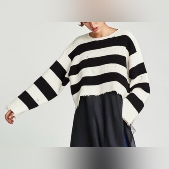 Zara Cropped Distressed Striped Sweater - Picture 1 of 10